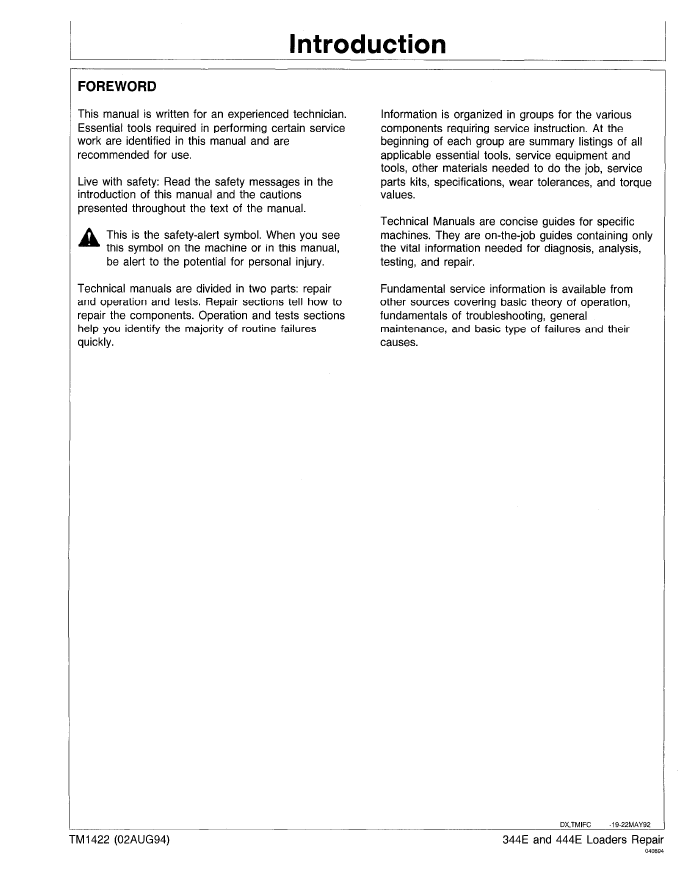 TM1422 John Deere 344E 444E Wheel Loader Technical Repair Manual