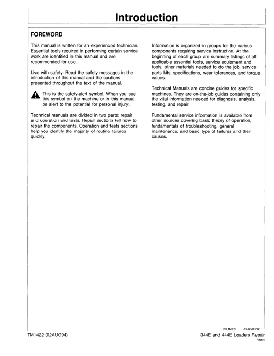 TM1422 John Deere 344E 444E Wheel Loader Technical Repair Manual