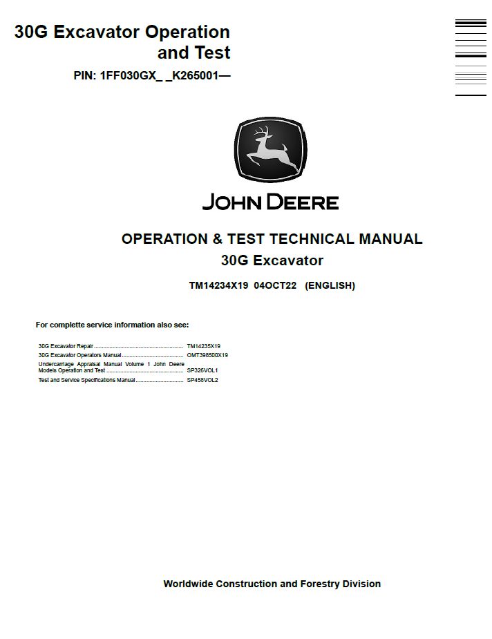 TM14234X19 John Deere 30G Excavator Operation & Test Technical Manual