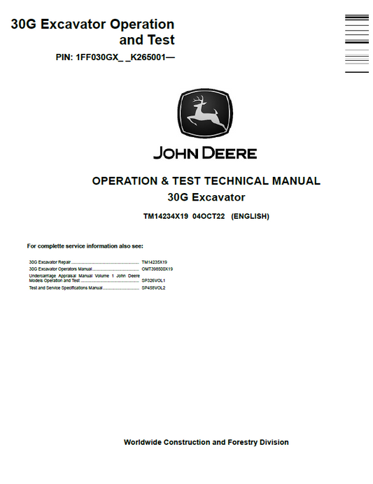 TM14234X19 John Deere 30G Excavator Operation & Test Technical Manual