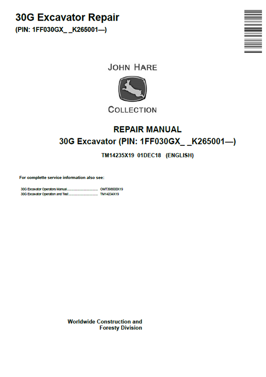 TM14235X19 John Deere 30G Excavator Repair Technical Manual PDF