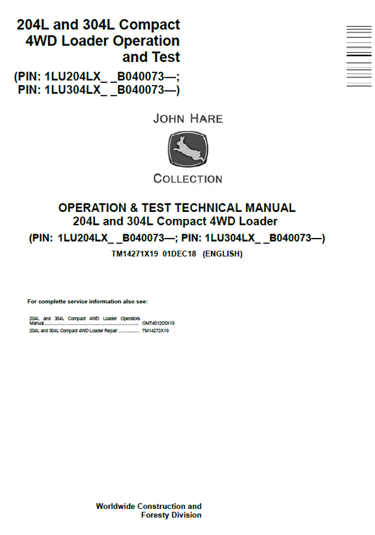 TM14271X19 John Deere 204L 304L Compact 4WD Loader Test Manual