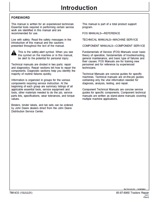 TM1433: John Deere 8560, 8760, 8960 Tractor Service & Technical Manual