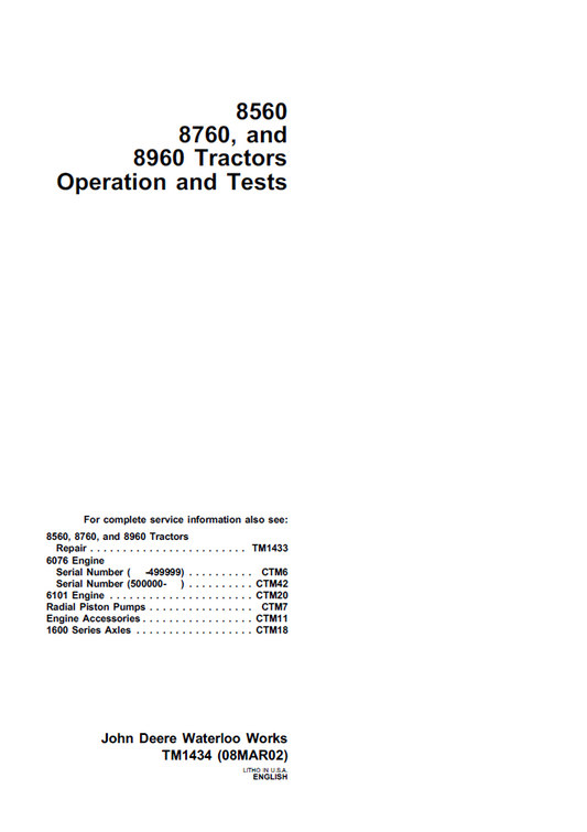 TM1434 John Deere 8560 8760 8960 Tractor Operation Test Manual