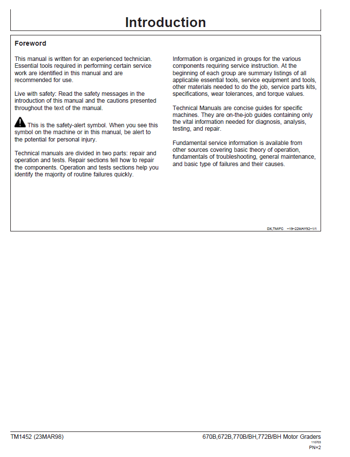 TM1452 John Deere Motor Grader Operation & Diagnostic Manual PDF