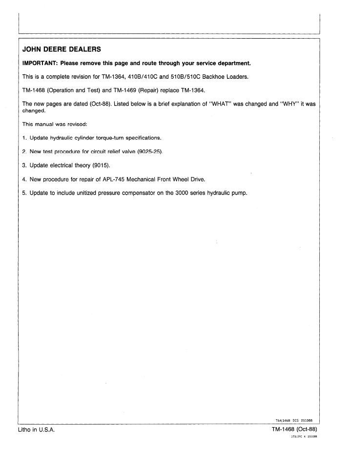 TM1468 John Deere Backhoe Loader 410B 410C 510B 510C Service Manual