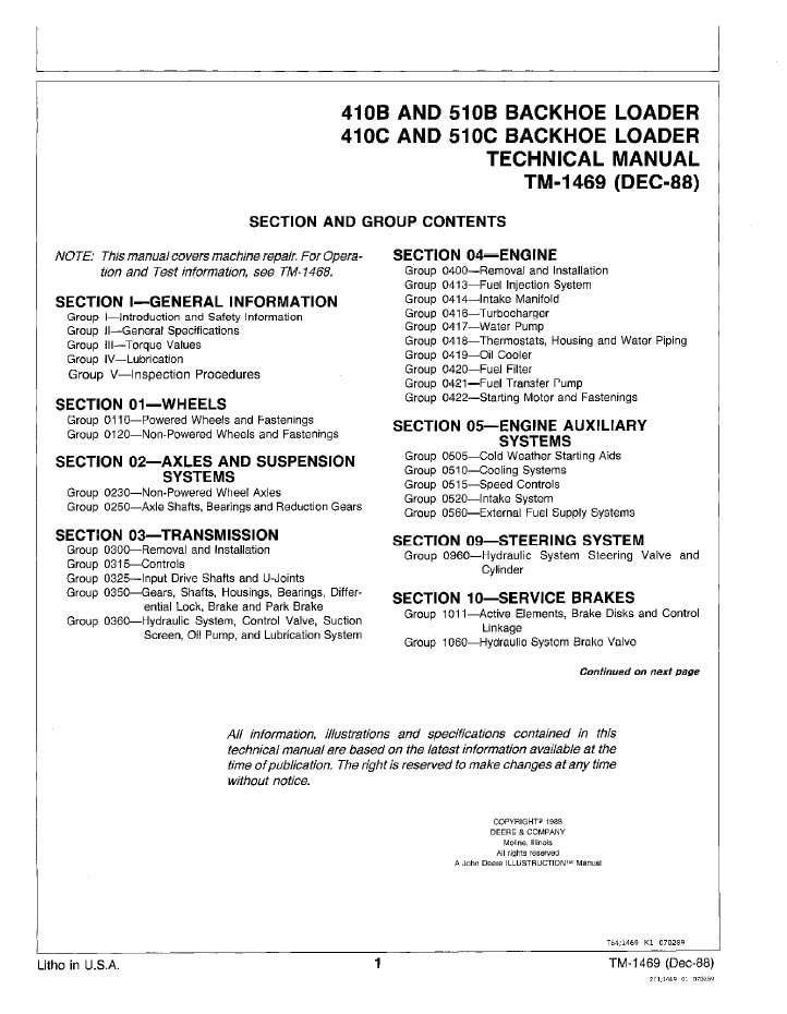 TM1469 Backhoe Loader Repair Manual for John Deere 410B 410C 510B 510C
