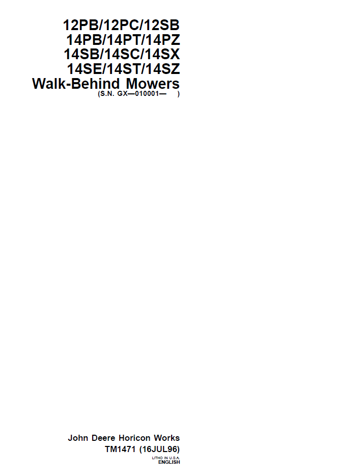 TM1471 John Deere Walk-Behind Mower Technical Service Manual PDF
