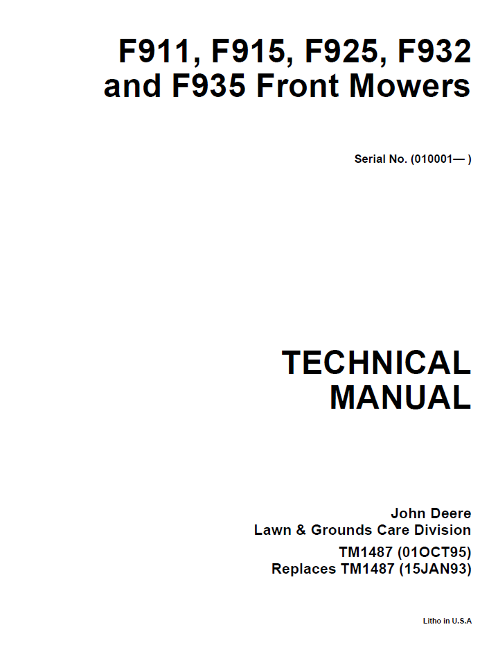 TM1487 John Deere F911 F915 F925 F932 F935 Front Mower Service Manual
