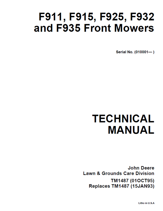TM1487 John Deere F911 F915 F925 F932 F935 Front Mower Service Manual