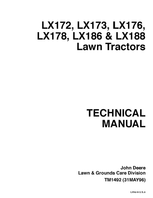 TM1492 John Deere LX172 LX176 LX178 LX186 LX188 Technical Manual PDF