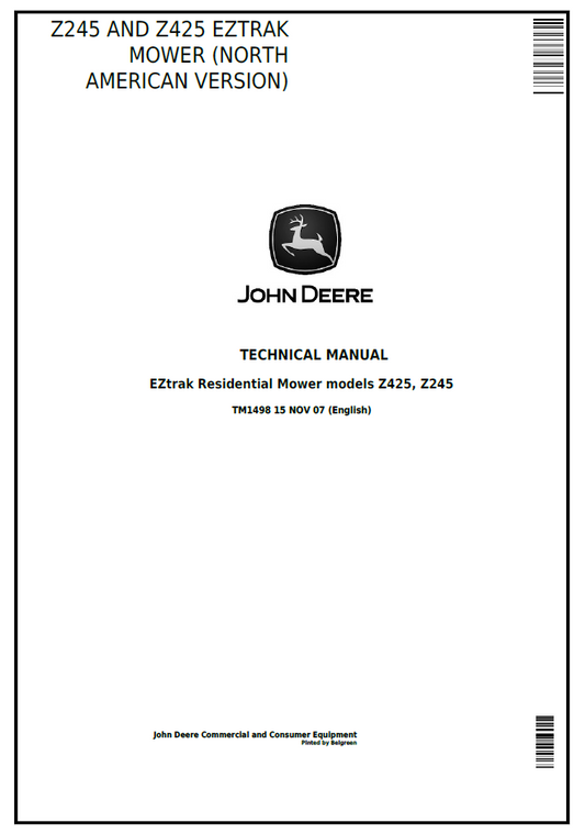 TM1498 John Deere Z245 Z425 EZTrak Mower Technical Manual PDF