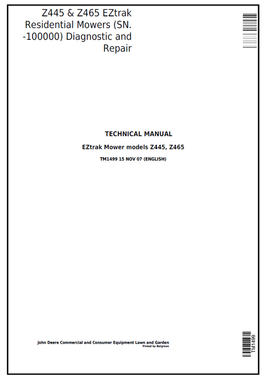 TM1499 John Deere Z445 Z465 EZTrak Mower Diagnostic Repair Manual PDF