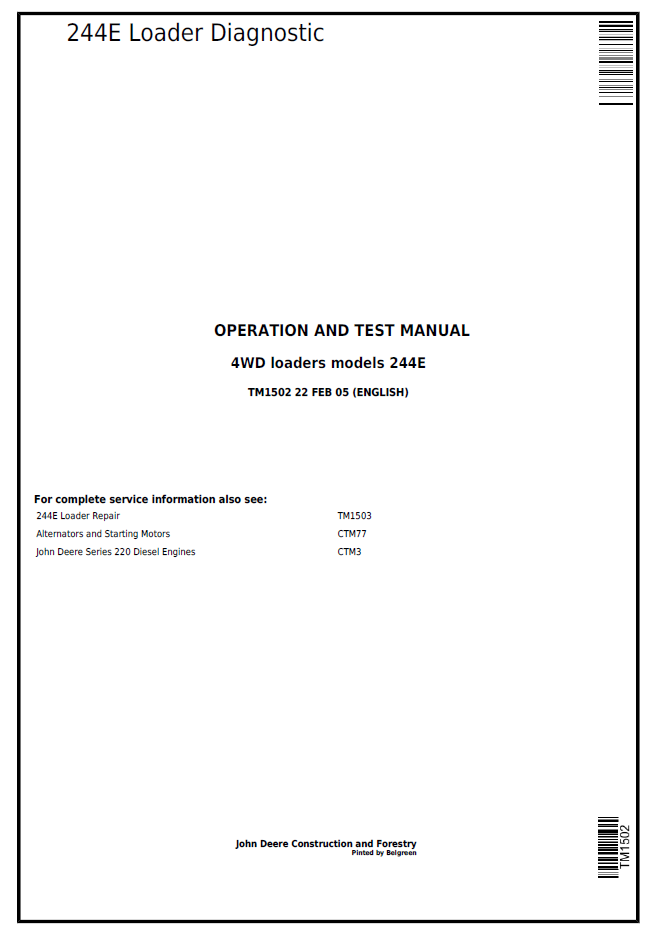 TM1502 John Deere 4WD 244E Loader Diagnostic Operation Test Manual PDF