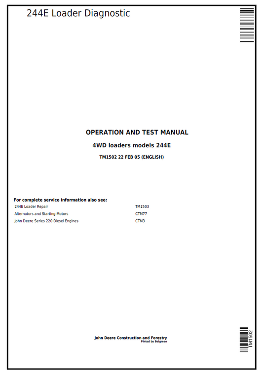 TM1502 John Deere 4WD 244E Loader Diagnostic Operation Test Manual PDF