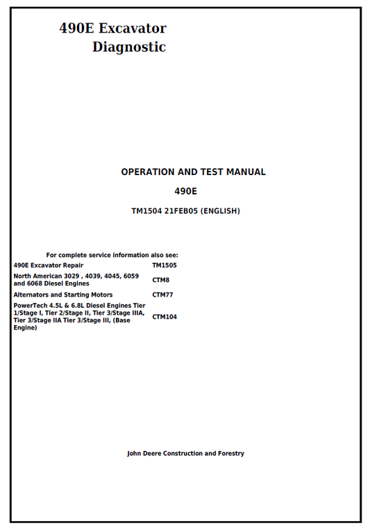 TM1504 John Deere 490E Excavator Diagnostic Operation Test Manual PDF