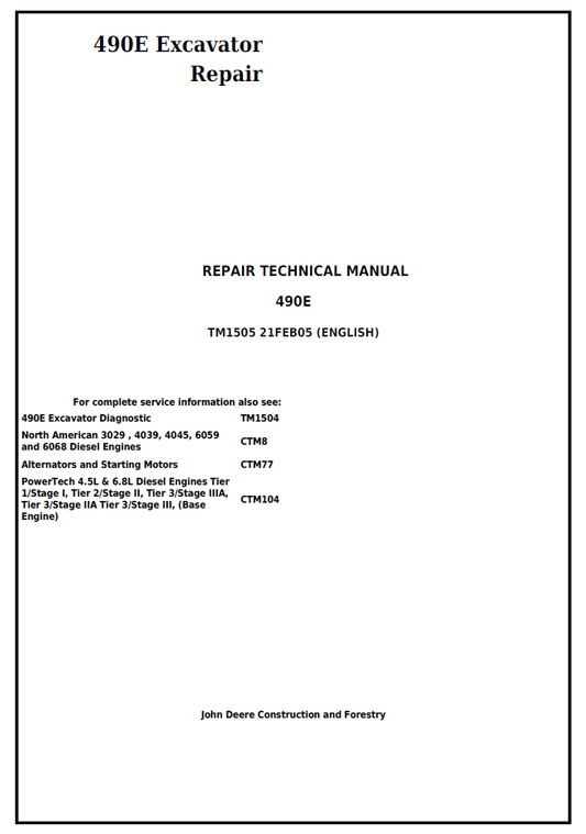 TM1505 John Deere 490E Excavator Repair Technical Manual PDF