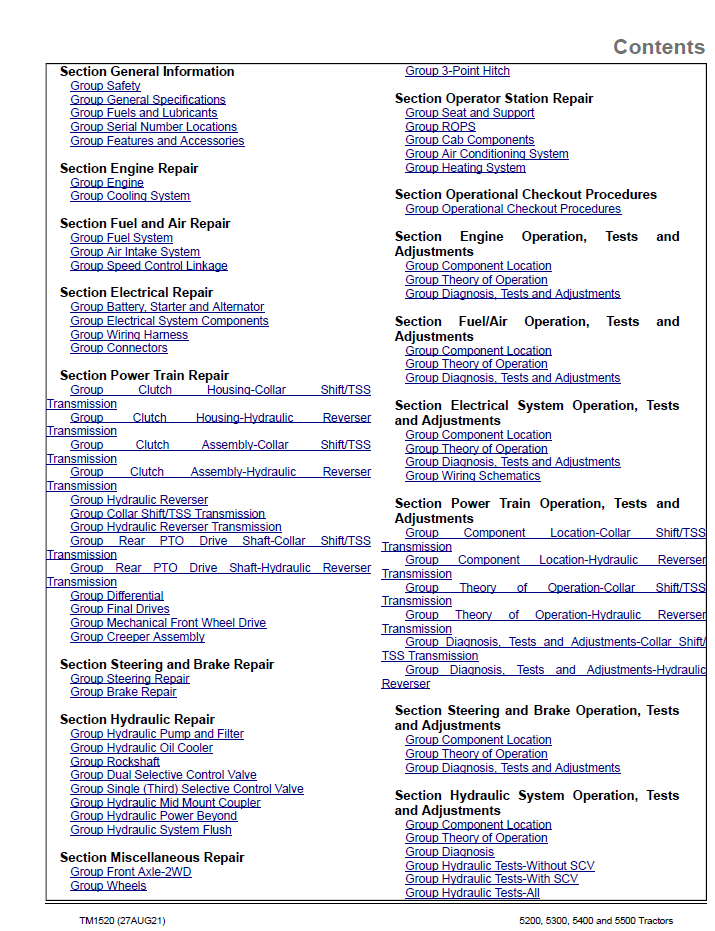 TM1520 Deere 5200 5300 5400 5500 Tractor Workshop Manual Guide