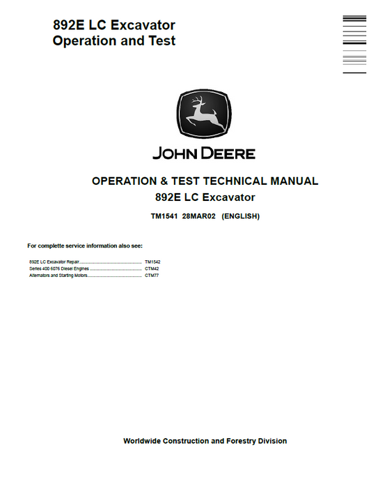 TM1541 John Deere 892E LC Excavator Operation & Test Manual PDF