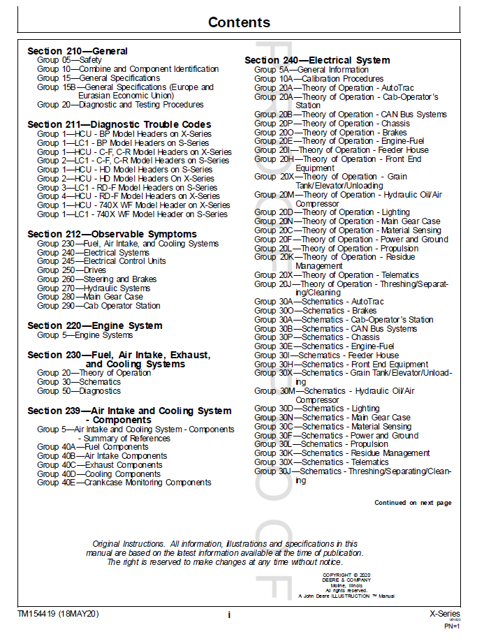TM154419 John Deere Combine X-Series Troubleshooting Manual