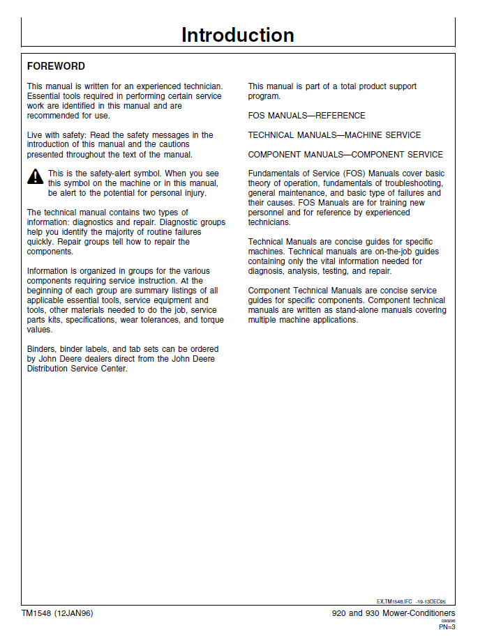TM1548 John Deere 920 930 Mower Conditioner Repair Service Manual