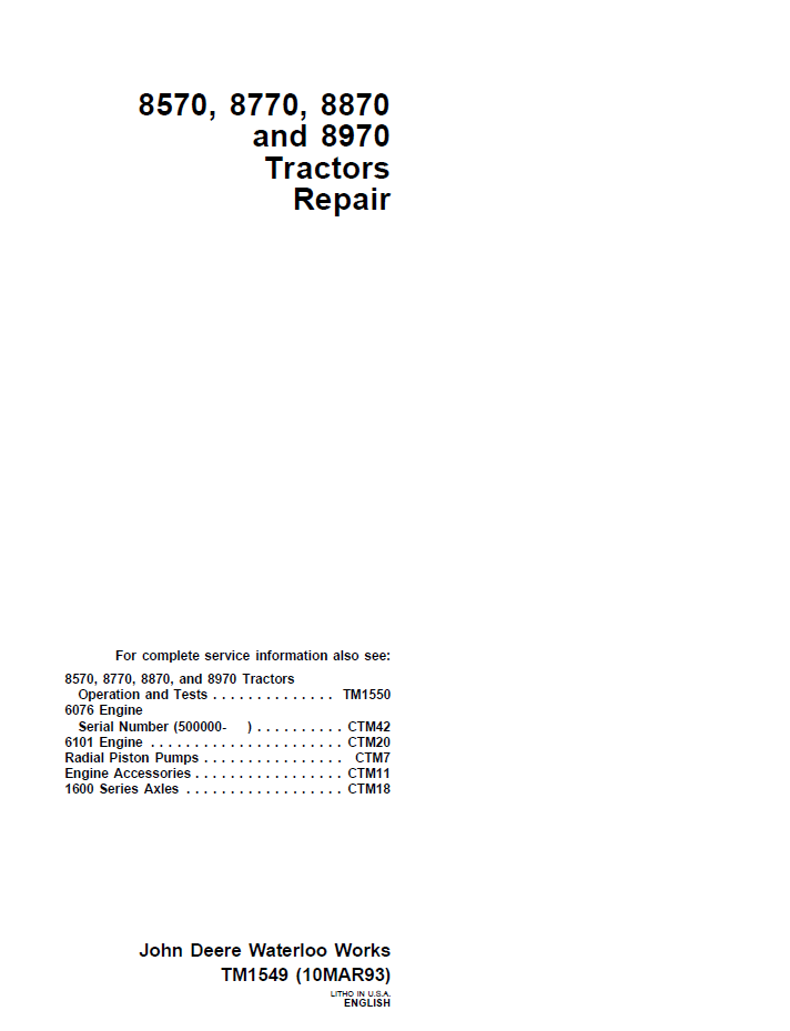 TM1549 John Deere 8570 8770 8870 8970 Tractor Repair Manual PDF