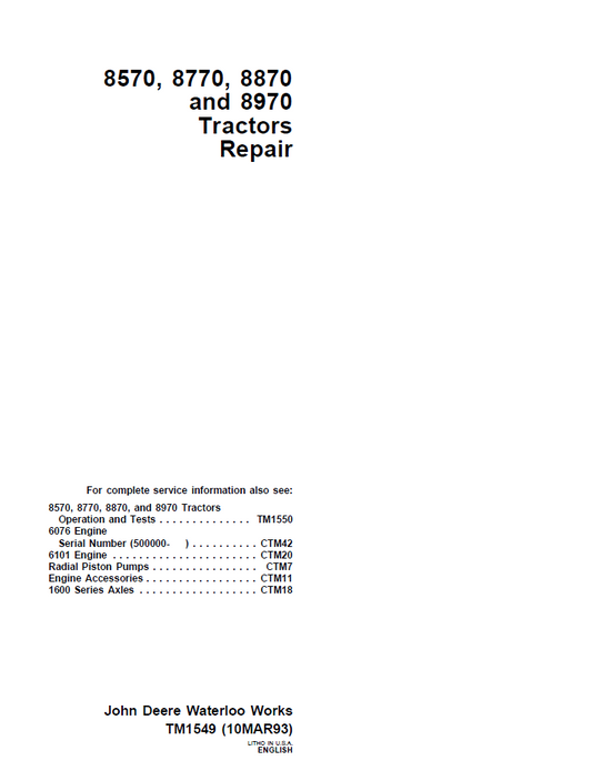 TM1549 John Deere 8570 8770 8870 8970 Tractor Repair Manual PDF