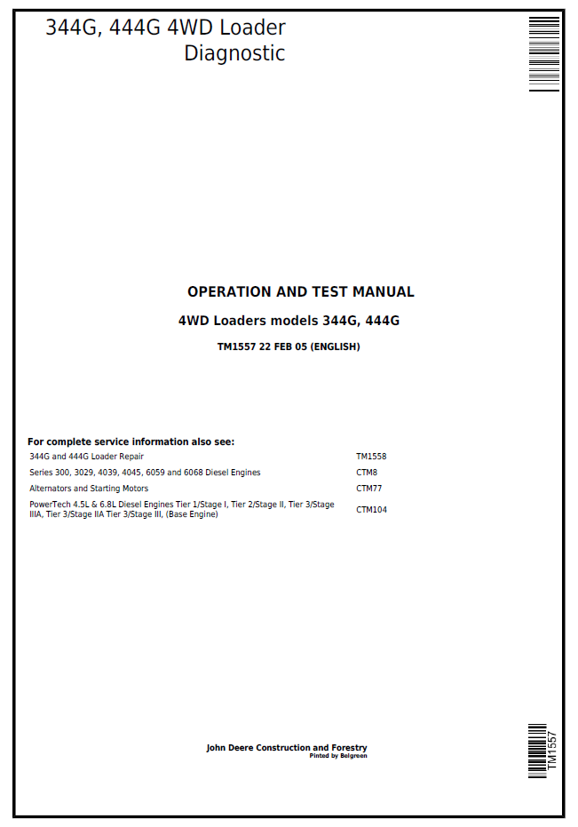 TM1557 John Deere 344G 444G 4WD Loader Diagnostic Test Manual PDF