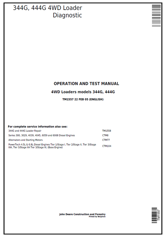 TM1557 John Deere 344G 444G 4WD Loader Diagnostic Test Manual PDF