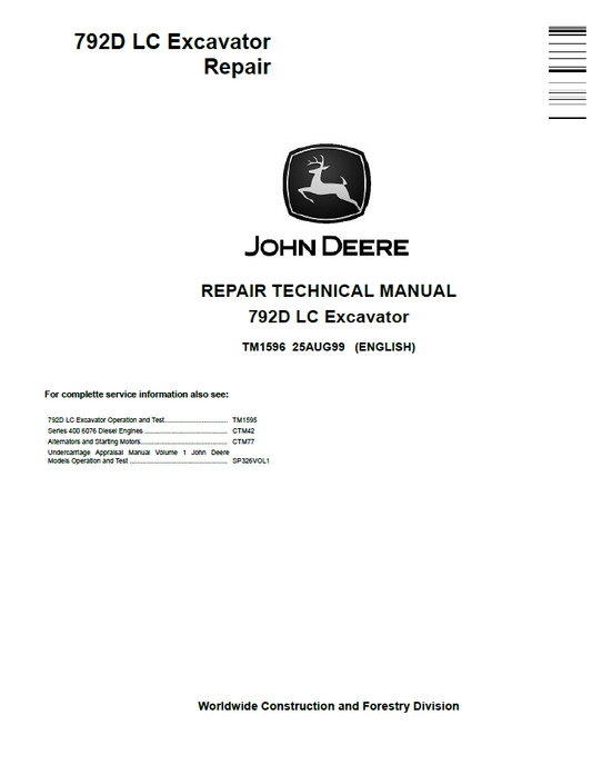 TM1596 John Deere 792D LC Excavator Repair Technical Manual PDF