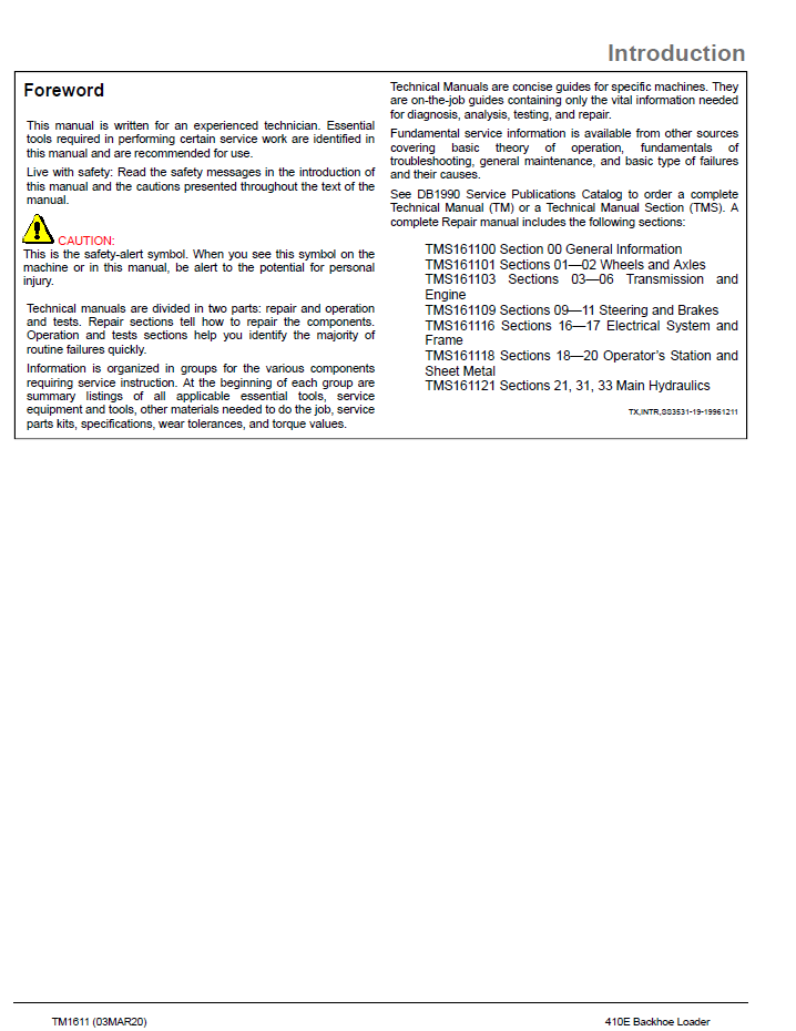 TM1611 Deere 410E Hydraulic Backhoe Repair Technical Manual Guide
