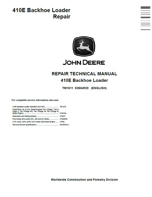TM1611 John Deere 410E Backhoe Loader Repair Technical Manual PDF