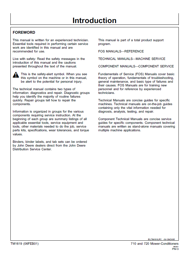 TM1619 John Deere Mower Conditioner Service Repair Guide