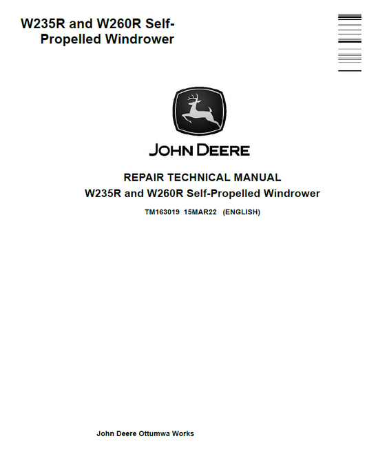 TM163019 John Deere W235R W260R Windrower Repair Technical Manual PDF