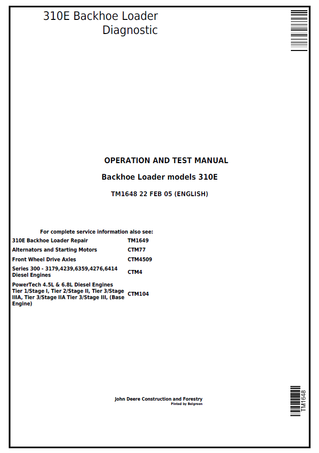 TM1648 John Deere 310E Backhoe Loader Diagnostic Test Manual PDF