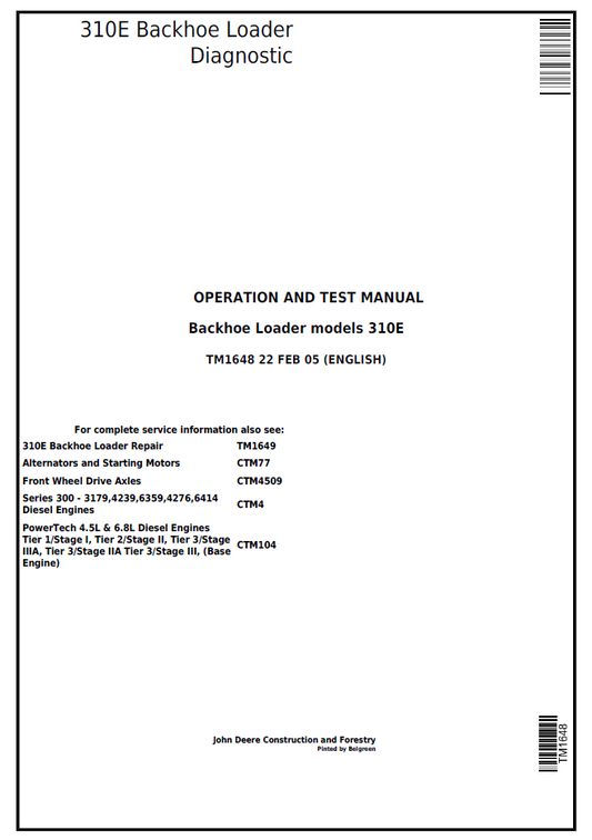 TM1648 John Deere 310E Backhoe Loader Diagnostic Test Manual PDF