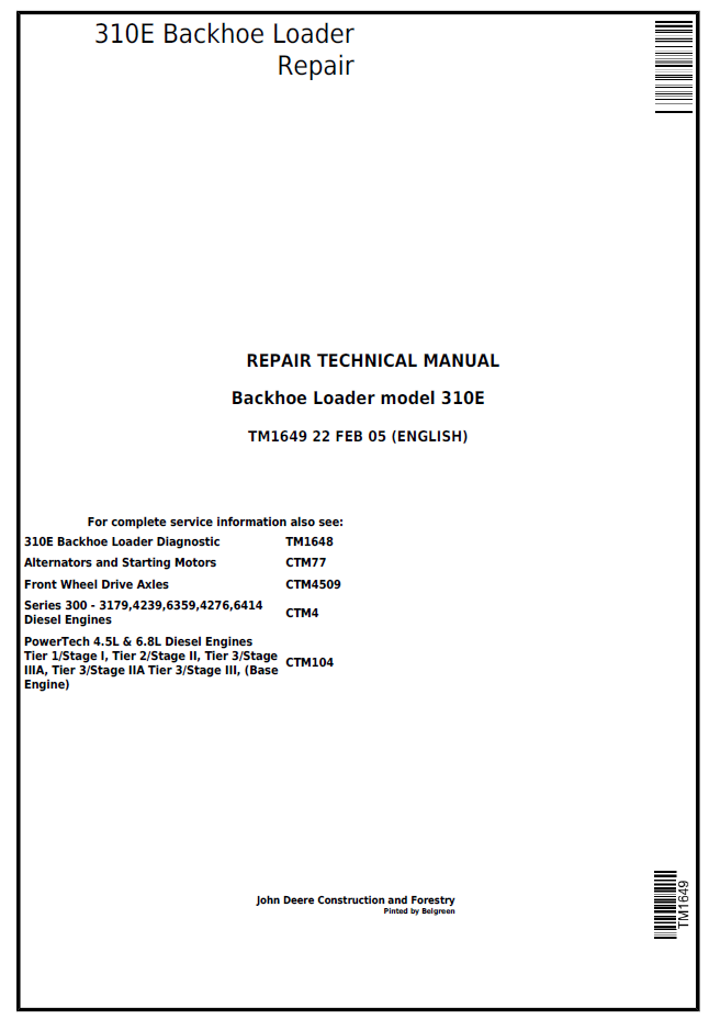 TM1649 John Deere 310E Backhoe Loader Repair Technical Manual PDF
