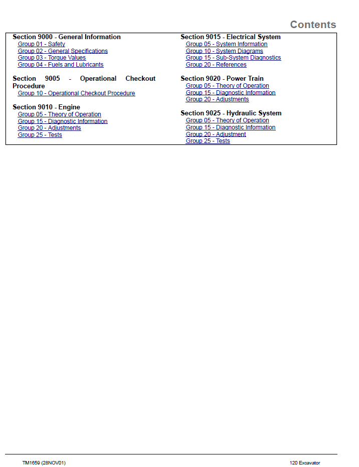 TM1659 Deere 120 Hydraulic Excavator Operation Test Manual Guide