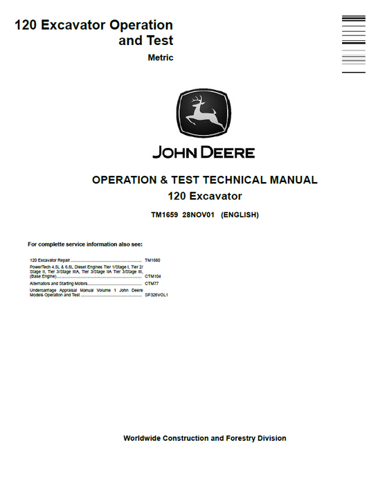 TM1659 John Deere 120 Excavator Operation & Test Technical Manual PDF