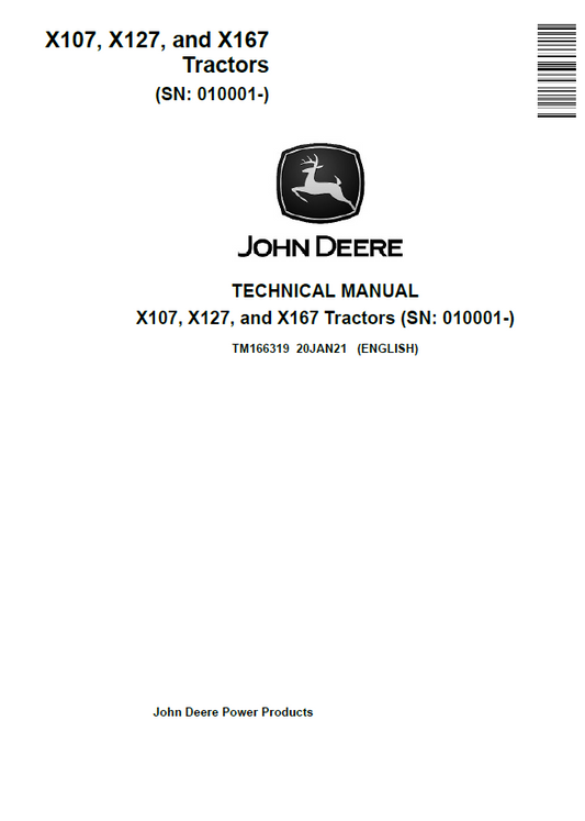 TM166319 John Deere X107 X127 X167 Tractor Technical Manual PDF
