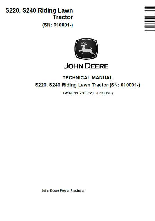 TM166519 John Deere S220 S240 Riding Lawn Tractor Technical Manual PDF