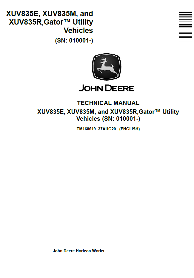 TM168619 John Deere XUV835E XUV835M XUV835R Gator Technical Manual PDF
