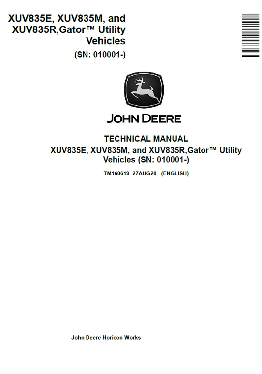 TM168619 John Deere XUV835E XUV835M XUV835R Gator Technical Manual PDF