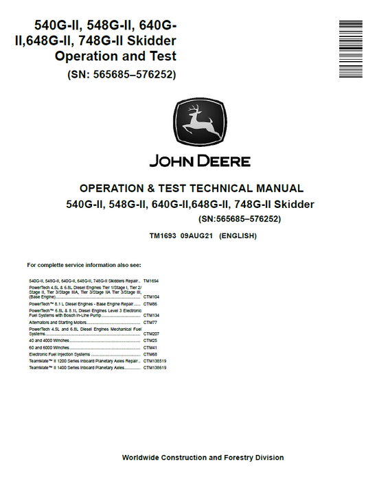 TM1693 John Deere 540G-II 548G-II 640G-II Skidder Test Manual PDF