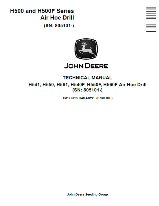 TM172519 John Deere H500 H500F Series Air Hoe Drill Technical Manual PDF