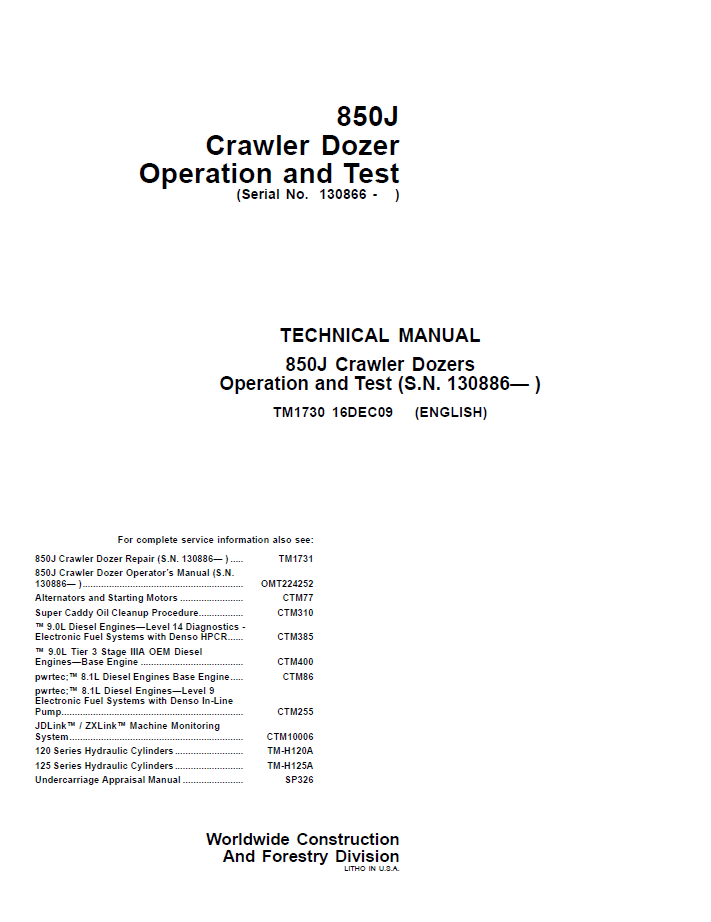 TM1730 John Deere 850J Crawler Dozer Operation Test Manual PDF