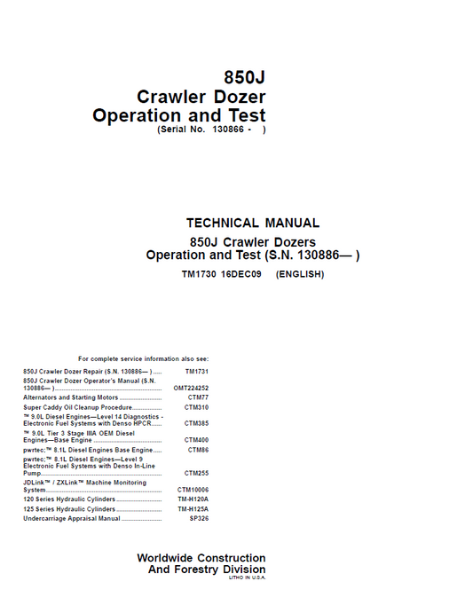 TM1730 John Deere 850J Crawler Dozer Operation Test Manual PDF