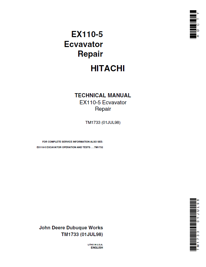 TM1733 John Deere Hitachi EX110-5 Excavator Repair Manual PDF