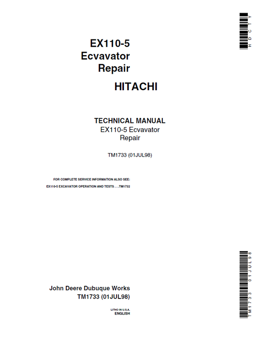 TM1733 John Deere Hitachi EX110-5 Excavator Repair Manual PDF