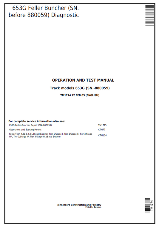 TM1774 John Deere 653G Feller Buncher Diagnostic Test Manual PDF
